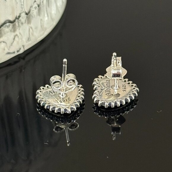 Albania Flag Earrings Heart bling S925 Sterling Silver Handmade Ear Stud - Picture 5 of 6